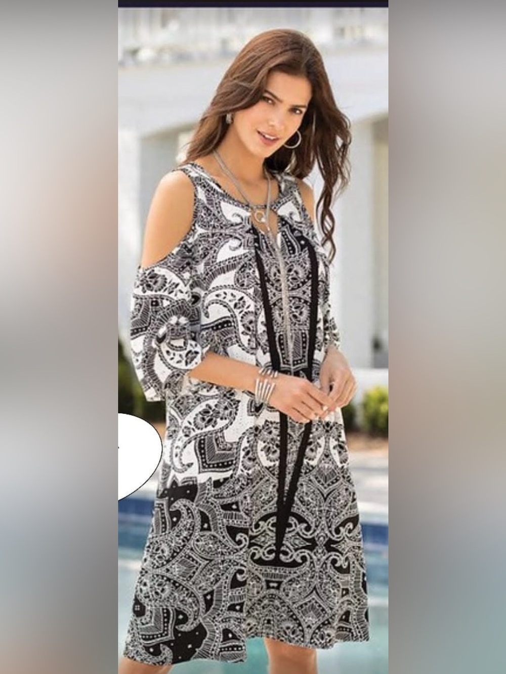 Cato Cold-Shoulder Black & White Paisley Print Women’s Dress Top